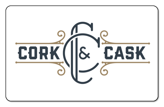 cork and cask black and gold monogram logo on a white background